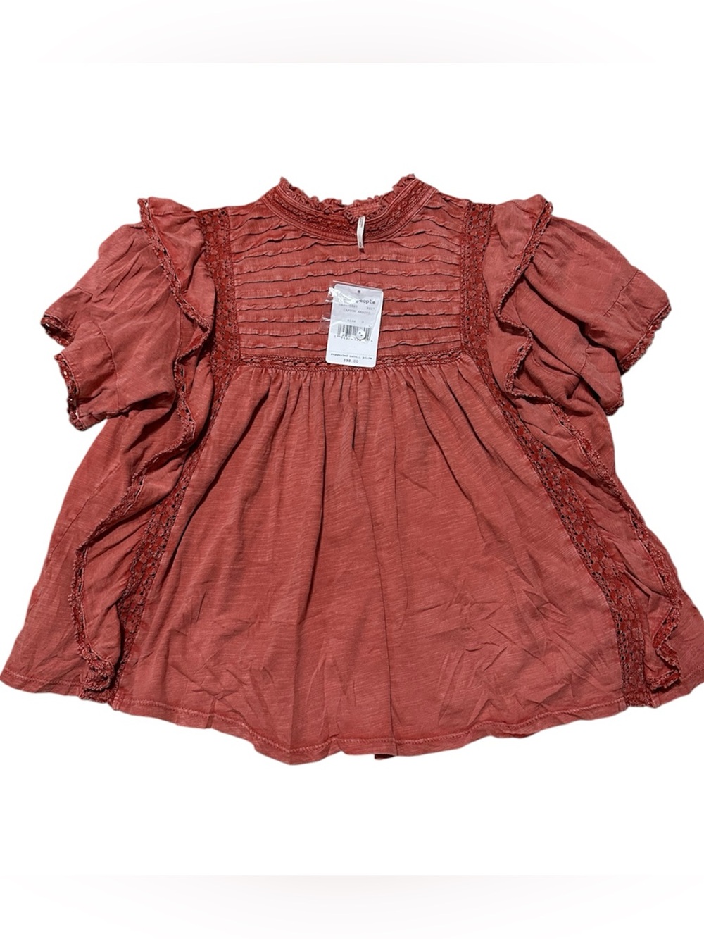Free People Rust Ruffle Sleeve Pintuck Blouse